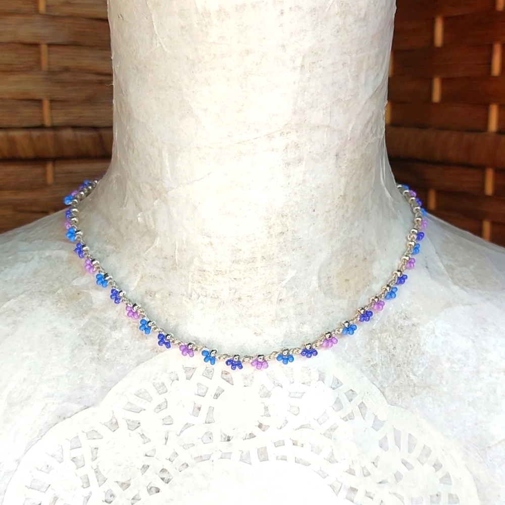 Handcrafted Boho Crochet Necklace Lilac and Silver Color by Rust Belt Raised